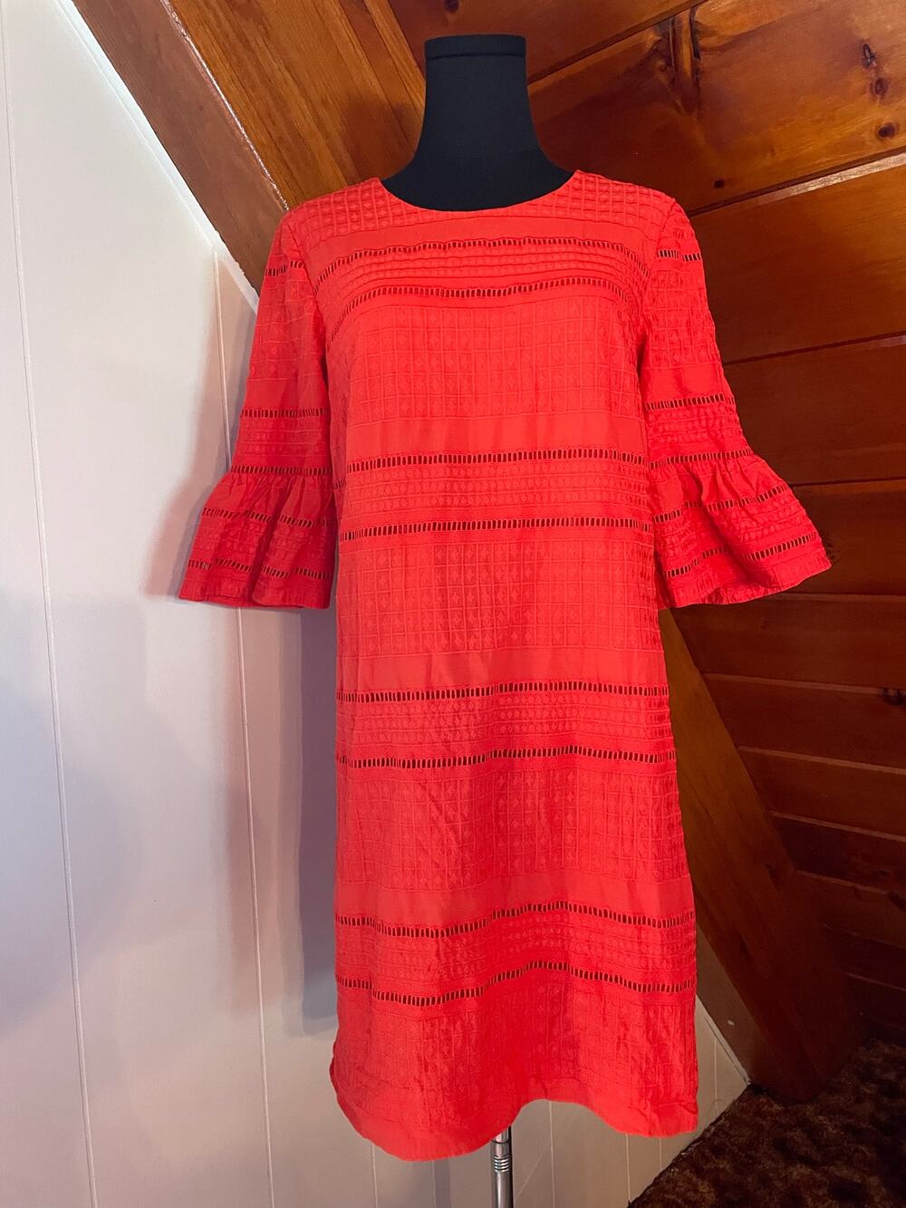 J. Crew Flutter Sleeve Eyelet Lace Flame Red MIni Shift Dress sz 2